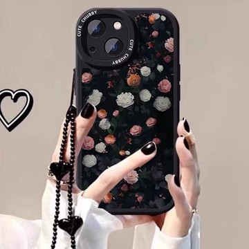 油畫黑玫瑰適用蘋果17promax手機殼新iPhone16pro保護套復古高級15/14小羊皮13小眾11帶掛繩12全包防摔時尚女