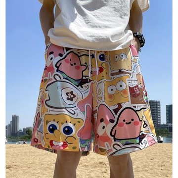 冰絲卡通花短褲男夏季薄款沙灘褲泰式情侶寬松運動潮流ins五分褲