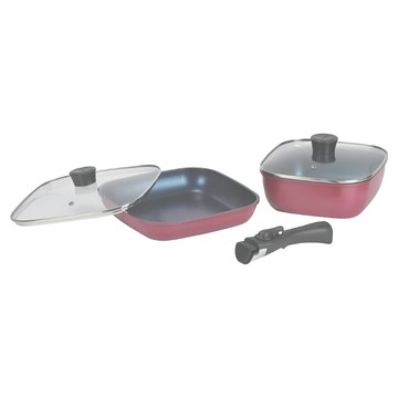 PEARL LIFE 珍珠金屬 Metal 炊具 方形藍鑽塗層5件組 HB-5920  方形平底鍋20cm + 方形平底鍋24cm + 玻璃蓋20cm + 玻璃蓋 24cm + 手柄  1組  紅色