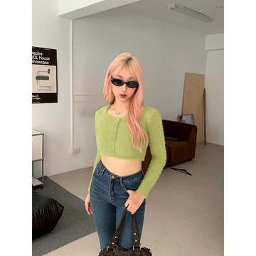 Velpro 現貨｜馬海毛長袖短版開衫 排釦針織 毛衣 圓領 冬季