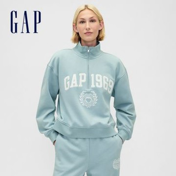 【GAP】女裝|Logo刺繡翻領長袖上衣-淺藍色(852841)
