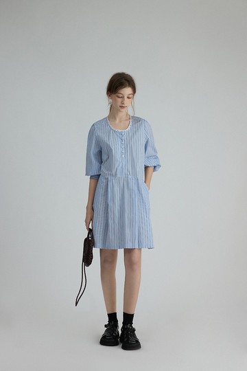 週末圖書館 條紋襯衫連身裙