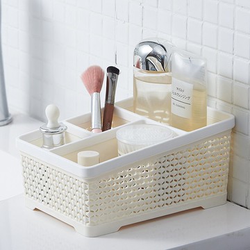 仿藤編桌面收納盒梳妝臺化妝品口紅整理盒學生辦公桌文具置物架