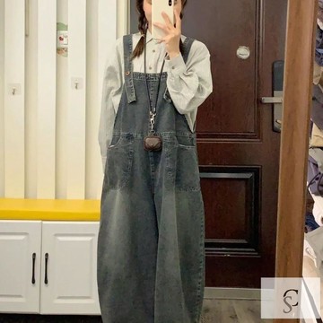【XL-8XL大尺碼】👩吊帶褲 牛仔吊帶褲  高腰 闊腿褲300斤大碼女裝復古氣質高級感揹帶褲2026春夏胖mm新款牛