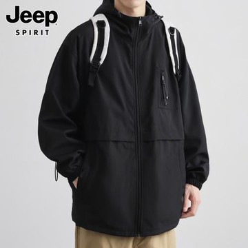 JEEP SPIRIT春秋季工裝夾克外套男士潮牌寬松防風連帽沖鋒上衣男