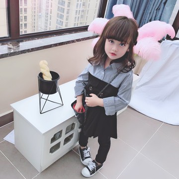 童裝春秋季襯衣假兩件條紋拼接款兒童襯衫女童寶寶長袖連衣裙1入