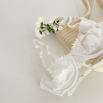 法式透明超薄蕾絲聚攏內衣女性感套裝半杯軟鋼圈大胸顯小網紗文胸