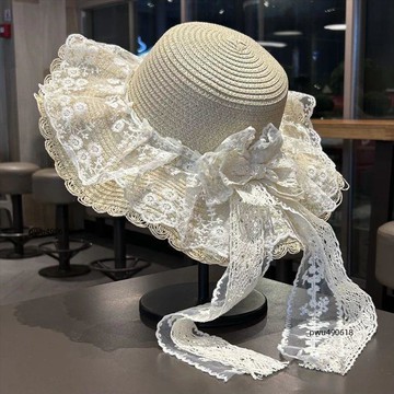 臺灣出貨 夏季海邊沙灘草帽女戶外蕾絲蝴蝶結防曬遮陽帽時尚百搭防曬漁夫帽