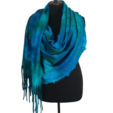 Felted Wool Ocean Blue Shawl with Fringe