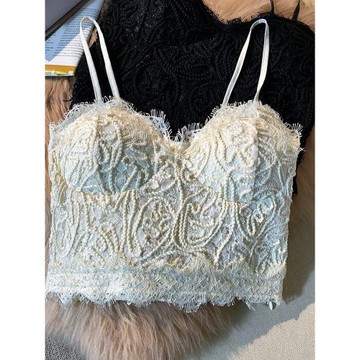 法式打底蕾絲吊帶背心女內搭外穿秋冬西裝皮草帶胸墊白色v領上衣