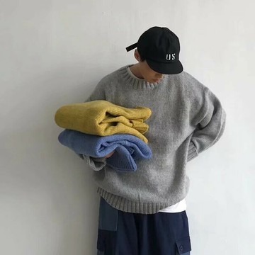 ??【MLM】??套頭毛衣男 ins港風毛衣 韓版寬松針織衫 學生休閒毛線衣 純色毛衣 圓領套頭針織上衣男