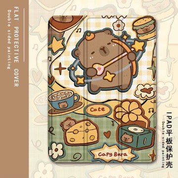 卡皮巴拉適用ipad保護套pro帶筆槽air5水豚卡通4/mini6/2021蘋果全面屏11寸第10代2023版三折式3/2平板保護殼