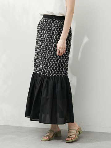 花朵刺繡拼接喇叭長裙(6P26L0L0400) - Green Parks