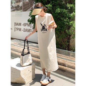 寬松慵懶風松弛感無袖t恤連衣裙女超火好看減齡休閑運動背心長裙