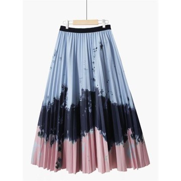 春新款韓版通勤百褶松緊高腰a字裙時尚印花大擺顯瘦中長款半身裙