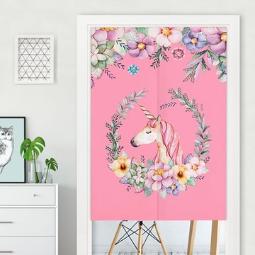 半島良品 簡約北歐風半開型棉麻門簾-獨角獸(附伸縮桿)