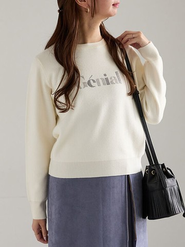 閃亮水鑽字母貼飾圓領針織上衣(0F001258210) - Te chichi