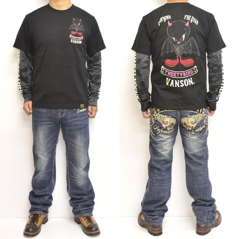 バンソン VANSON ルーニーテューンズ LTV-2117 天竺 フェイク長袖Ｔシャツ ロンＴ トゥイーティー バイク バイカー トップス メンズ  | LINEブランドカタログ