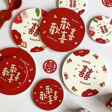 松鼠兄妹｜台中餐廚◆器皿專售 結婚禮物 婚禮小物 歡歡喜喜陶瓷杯墊 鍋墊 陶瓷杯墊 杯墊 餐墊 水杯墊 廚房用品 入厝禮