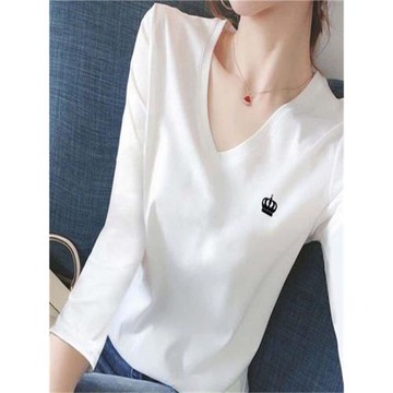 寬松長袖t恤女2023秋季新款純棉V領上衣韓版設計感內搭白色打底衫