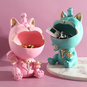 現代創意招財貓鑰匙收納擺件客廳玄關家居裝飾品開業喬遷新居禮品