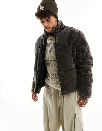 ASOS DESIGN cord puffer jacket with acid wash-Black