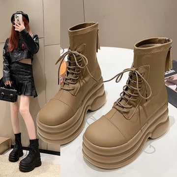 韓版小個子厚底增高松糕系帶休閑馬丁靴女秋冬新款百搭瘦瘦短靴子