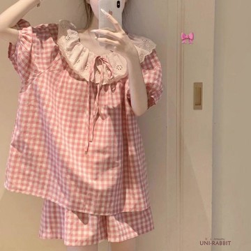 慵懶風睡衣女士夏季韓版甜美小清新花邊短袖套裝舒適可外穿家居服居家睡衣套裝休閒睡衣短袖睡衣寬鬆睡衣可愛睡衣