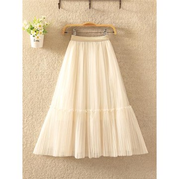 女童網紗半身裙2025米白色裙子薄款百褶釘珠拼接洋氣女孩過膝長裙