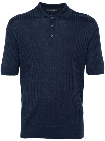 Tagliatore - ribbed-knit polo shirt - men - Cotton/Linen/Flax - 50 - Blue