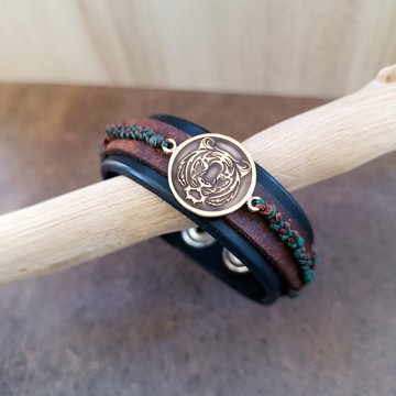 手工老虎皮革手環 氧化黃銅力量圖騰