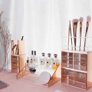 女友禮物｜ 桌上豪華美妝收納六件組 玫瑰金 美妝刷具 桌上收納 保養收納 防塵小抽屜 禮物組合