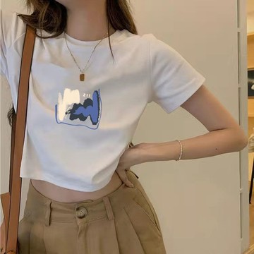 胖胖美依 短袖上衣 T恤 上衣 S-2XL夏季印花短袖t恤露臍短款修身白色正肩上衣-7829.