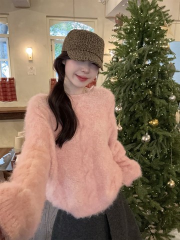 【韓國】花夢旅程圓領鬆軟拉絨毛衣-93542