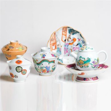 手繪粉彩礬紅青花描金蓋碗 茶壺 中式陶瓷釉上彩高足壺承盤復古