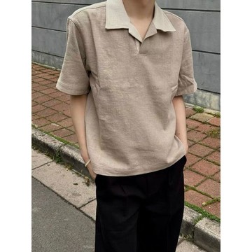 V領男士短袖上衣 透氣休閒T恤老錢風美式正肩P衫領短袖男款夏季痞帥高級感恤0617