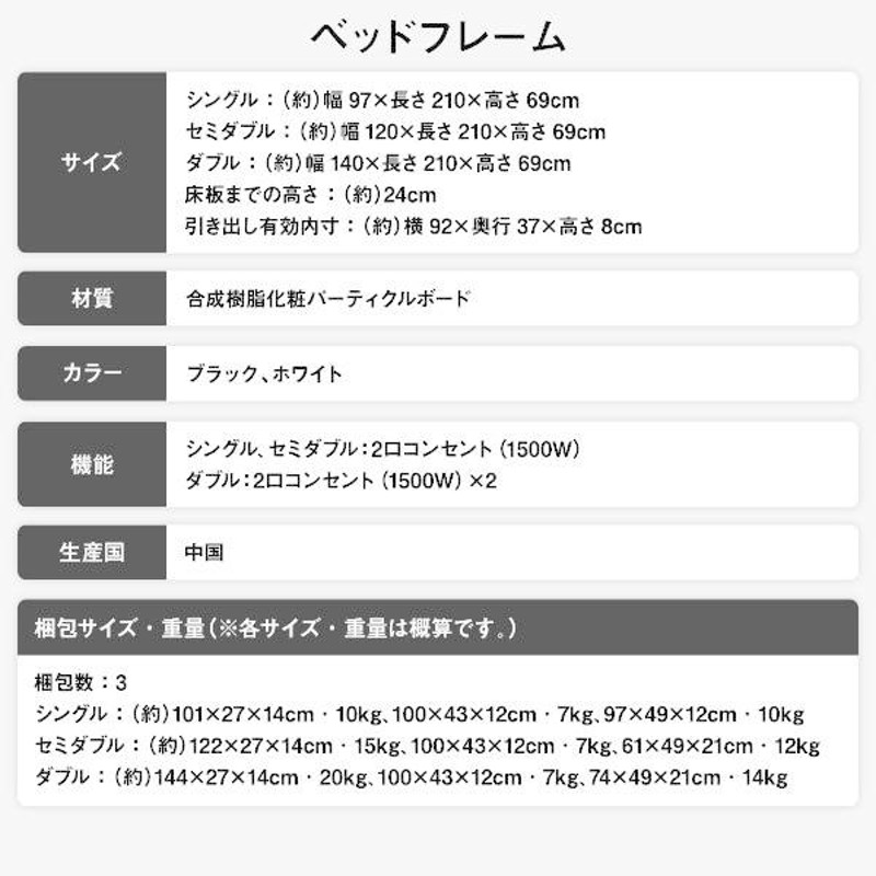 ベッド 収納付き 引き出し付き 木製 棚付き 宮付き コンセント付き