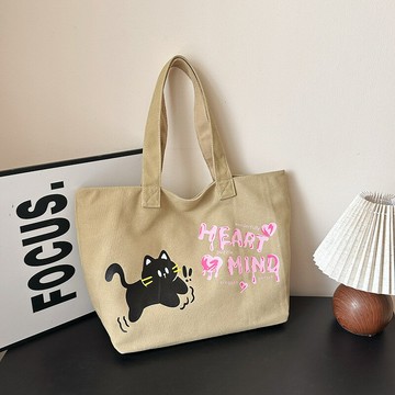 跨境單肩背包女士大容量時尚休閑帆布包印花卡通購物袋上課手提包鑫弘-素時衣櫥