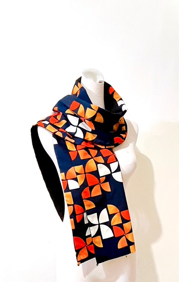 純手作/日本古董布藍底橘色幾何風車撞色黑色羊毛圍巾披肩