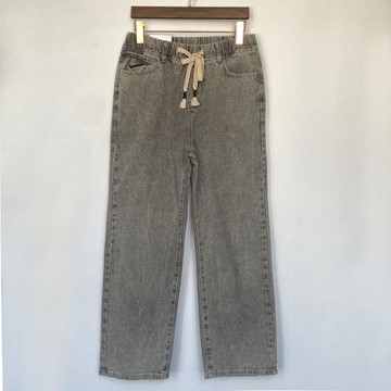 秋冬老爹煙灰色系繩牛仔闊腿褲