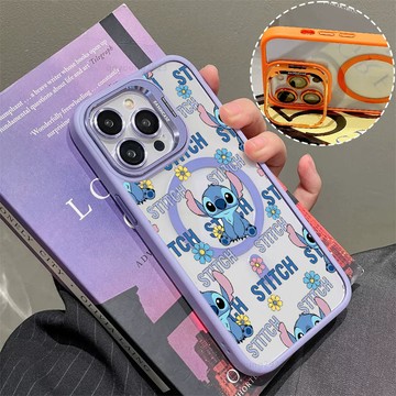 可愛史迪仔 磁吸手機殼 金屬鏡頭支架 保護殼 適用於iPhone 17 16 15 14 13 12 11 Max防摔殼