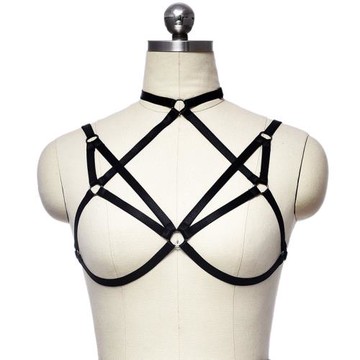 黑色雙肩帶 鏤空花紋拼接掛脖系帶上衣配件 彈力綁帶內搭裹胸配飾