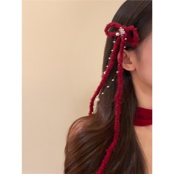 紅色蝴蝶結珍珠飄帶發夾女側邊編發鏈發卡氛圍感新年節日發飾頭飾