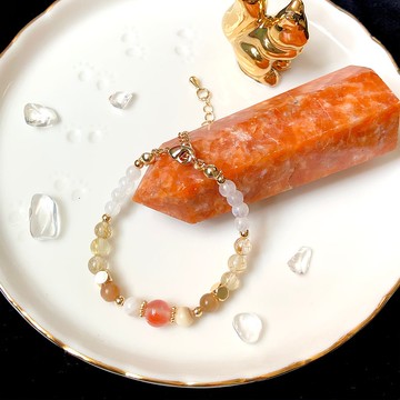 楓—冰飄南紅瑪瑙 夜光貝 太陽石 金髮晶 月亮石 14k包金水晶手鍊