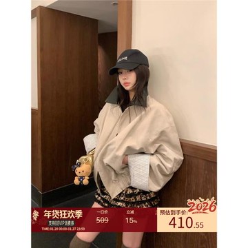 區區歐陽 翻領工裝外套女秋季新款美式復古休閑寬松拼接夾克上衣