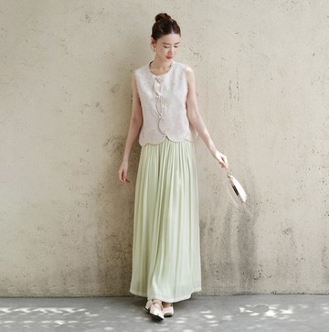 【煙粉】新中式復古中國風 提花珍珠/鑲邊背心/半裙