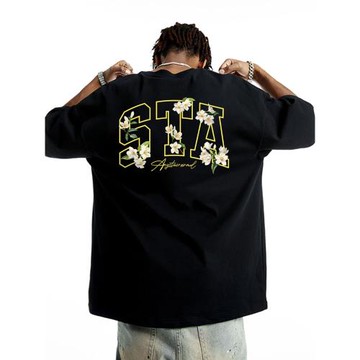 STA梔子花卉美式短袖男春夏休閑情侶重磅寬松百搭半袖純棉打底t恤