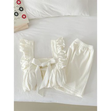 高級感帶胸墊一體睡衣女夏季純棉紗吊帶兩件套女士甜美家居服套裝