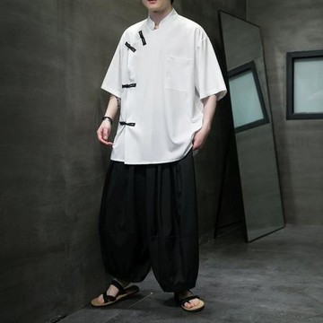 中國風男裝搭配一套帥氣男士短袖冰絲襯衫套裝新中式改良唐裝漢服