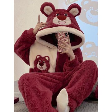 連體睡衣女珊瑚絨冬款加絨加厚可愛卡通保暖連帽學生可外穿家居服